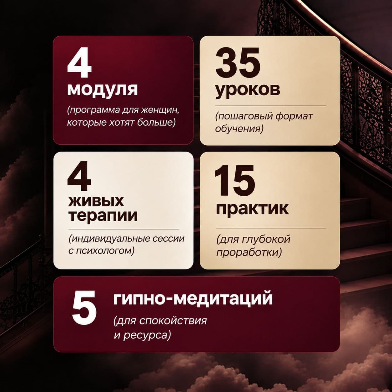 Состав программы: 4 модуля, 35 уроков, 4 живые терапии, 15 практик и 5 гипно-медитаций